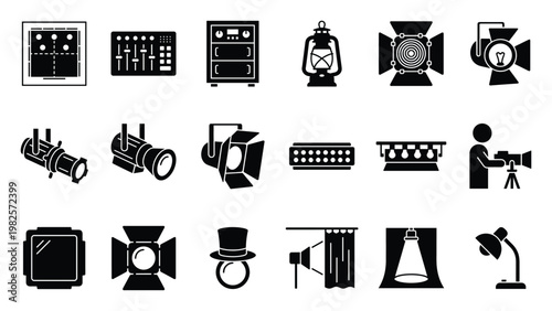 Professional stage lighting and audio visual equipment icons representing various tools for theater production event planning and multimedia design projects