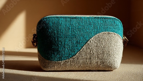 Teal woven bag and fabric pouch with curved color block design rests on a minimalist surface under sunlight to showcase sustainable fashion and luxury aesthetic today