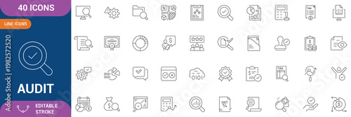 Audit Icon Set. Containing Inspection, Documentation, Auditor, Checkmark, Compliance, Report, Verification and etc . Line Icon. Editable Stroke. Vector Illustration
