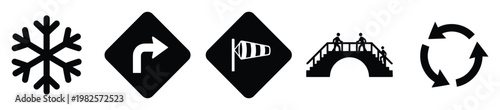 Collection of essential public and weather symbols including snowflake, turn right arrow, windsock, pedestrian bridge, and recycling icon perfect for informational graphics and safety