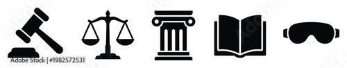 Collection of essential law and justice glyph icons including gavel, scales, column, book, and blindfold ideal for legal presentations and educational materials.