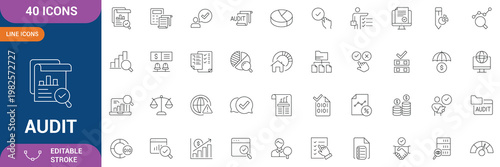 Audit Icon Set. Containing Inspection, Documentation, Auditor, Checkmark, Compliance, Report, Verification and etc . Line Icon. Editable Stroke. Vector Illustration