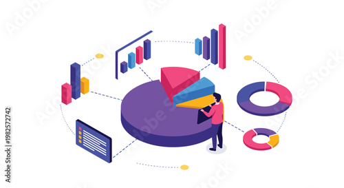 Financial data analyst examining colorful pie charts and bar graphs for business reporting and performance visualization.