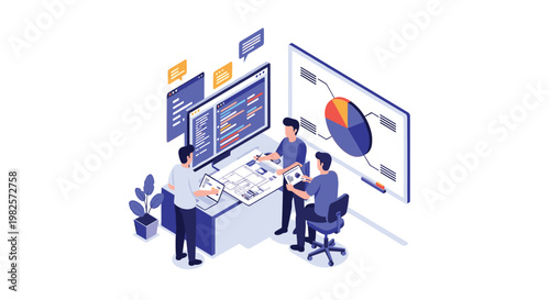 Software developers working together on coding and data analysis with a presentation board and computer screens in a studio.