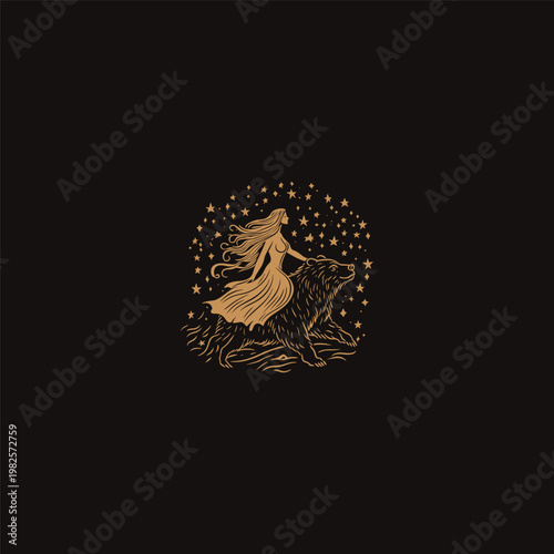 mystical illustration of a woman riding a large bear under a starry night sky