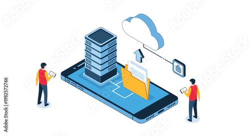 Cloud data synchronization process showing documents being uploaded from a smartphone to servers for secure digital storage.