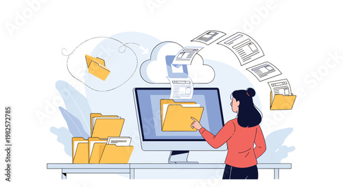 Woman organizing digital files by dragging document folders into cloud storage on a computer monitor in a modern office.