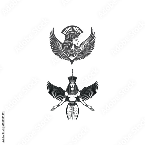 vector illustration set featuring ancient Egyptian goddesses Isis depicted with large feathered wings and ceremonial headwear