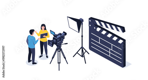 Film production crew with a movie camera and lighting equipment preparing a shoot with a clapperboard for video content.