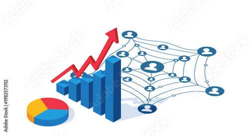 Business growth and networking representation featuring a rising bar chart, upward arrow, pie chart, and connected people symbols on a white background.
