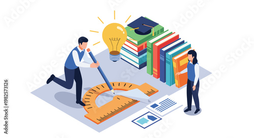 Male student uses a large pencil and protractor while female colleague stands near books and glowing light bulb to symbolize education.