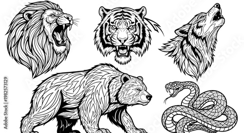 Black and white wild animals set.