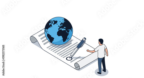 Professional man signs a large legal document featuring a globe icon with a giant pen to represent international business agreements and global contracts.