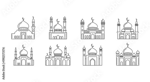 Black line drawings of mosques architecture.