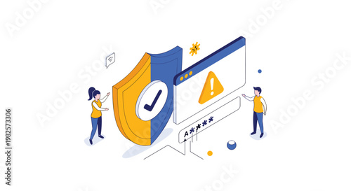 Cybersecurity and data protection theme showing a large shield and a computer window with a warning alert and login password fields for safety.