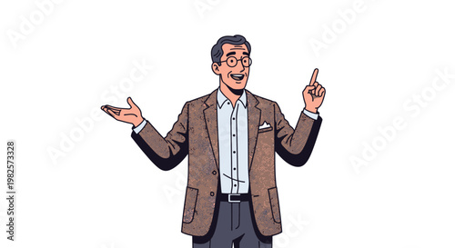 Businessman gesturing with hands confidently.