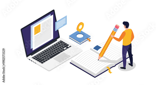 Online education and content creation concept featuring a student writing in a notebook while using a laptop for research and academic study.