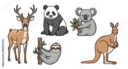 Cartoon animals with cute expressions.