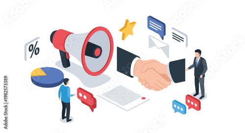 Public relations and successful business partnership concept showing a handshake, a large megaphone, professional people, and various marketing icons.