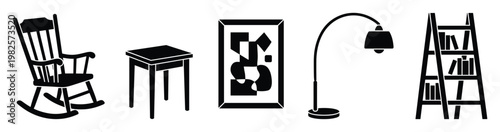 Essential home furniture collection featuring a rocking chair, side table, wall picture, floor lamp, and bookshelf, useful for interior styling and domestic decor planning