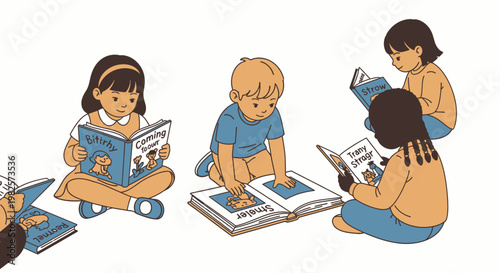 Children sitting and reading books.