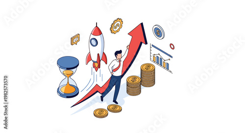 Startup business success and financial growth concept showing a man running up a rising arrow accompanied by a launching rocket and gold coins.