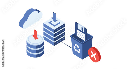 Data management and disk cleanup process featuring a trash bin containing a floppy disk next to servers and a cloud storage icon.