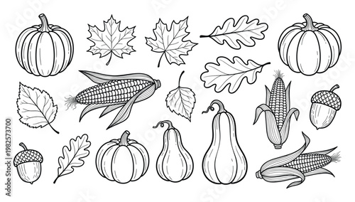 Black and white outline drawings of fall harvest symbols including pumpkins, corn, gourds, and various autumn leaves for seasonal greeting cards, labels, and creative projects