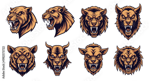 Collection of lion animal heads.