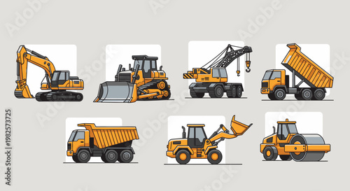 Collection of heavy construction vehicles.