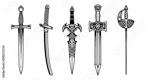 Collection of medieval swords and daggers.