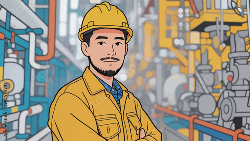 Industrial Worker in Yellow Uniform with Safety Helmet