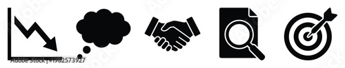 Business concept icons for strategic planning, including decline chart, idea bubble, handshake, document analysis, and target achievement, perfect for presentations and financial reports