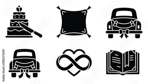 Wedding and marriage icons representing celebration elements including cake, car, pillow, infinity heart, and vows, perfect for graphic design, invitations, and event planning uses.