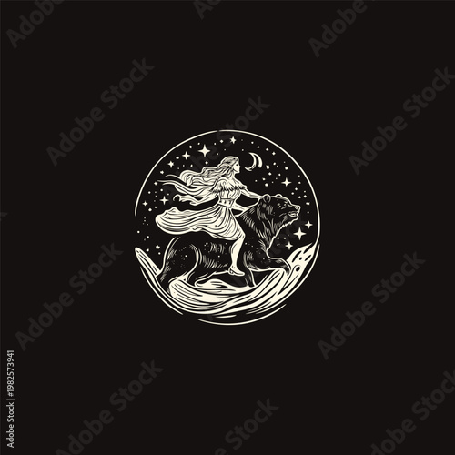 mystical illustration of a woman riding a large bear under a starry night sky
