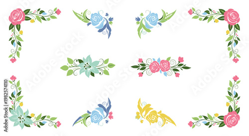 Colorful floral border designs and motifs.