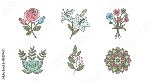 Colorful flowers and leaves designs.