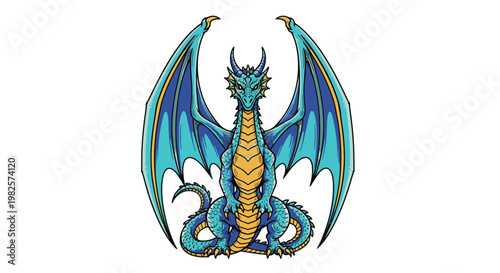 Colorful dragon with blue wings sitting.