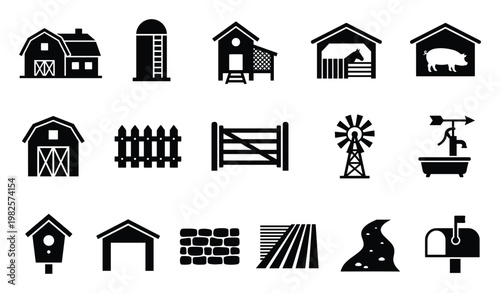 A comprehensive set of farm and rural life icons showcasing various agricultural structures animals equipment and land features perfect for country themed web graphics and print materials
