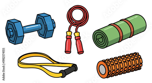 Colorful home workout equipment set.