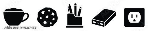 Versatile black glyph icons of daily essentials a coffee cup, cookie, stationery holder, power bank, and electrical outlet, suitable for graphic design, web, and mobile app interfaces.