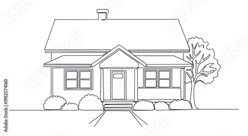 Simple continuous line drawing of a charming single family house with a porch, chimney, windows, door, bushes, and a tree, ideal for architectural designs, home improvement projects, or