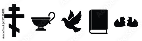 Christian religious symbols set with an Orthodox cross, communion chalice, Holy Spirit dove, sacred book, and broken bread representing core Christian faith for spiritual and educational
