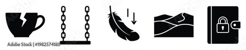 Conceptual black silhouette icon collection featuring symbols of fragility, childhood play, gentle descent, natural landscapes, and secure privacy, perfect for modern graphic design and