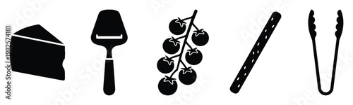 Assorted culinary symbols including a cheese wedge, a cheese slicer, cherry tomatoes on a vine, a crispy breadstick, and versatile kitchen tongs, excellent for menu design and food industry