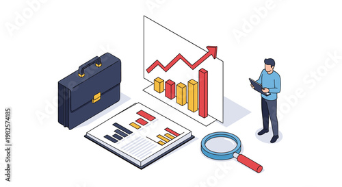 Financial auditing and business analysis concept showing a professional reviewing reports next to a large briefcase, book of charts, and magnifying glass.