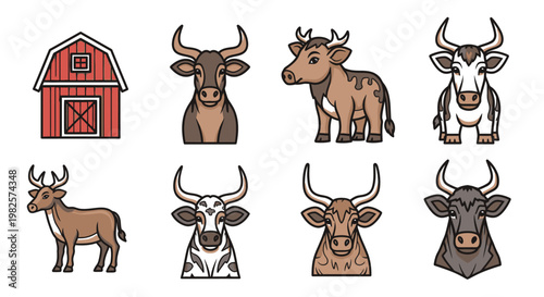 Cows and bulls farm animals heads.