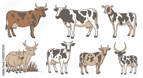 Cows and bulls in different poses.