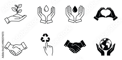 Graphic icons for environmental protection, water conservation, global stewardship, recycling, and human partnership, useful for sustainable initiatives and corporate social responsibility