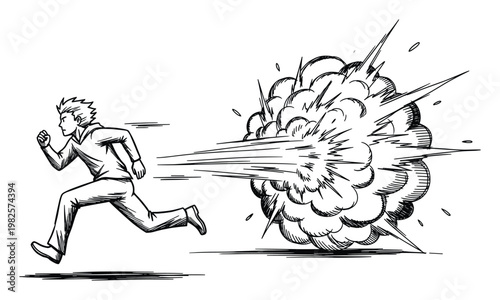 Dynamic sketch of a determined man running away from a powerful explosion, conveying extreme speed and urgent escape for engaging visual storytelling and actionthemed projects.